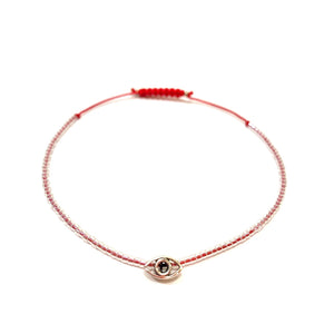 Tiny Clear Miyuki beads with Red String and Sterling Silver Evil Eye