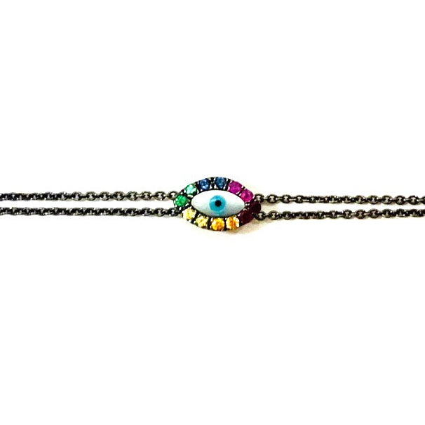 Oxidized Sterling Silver Bracelet with Mother of Pearl and Rainbow Sapphire Eye