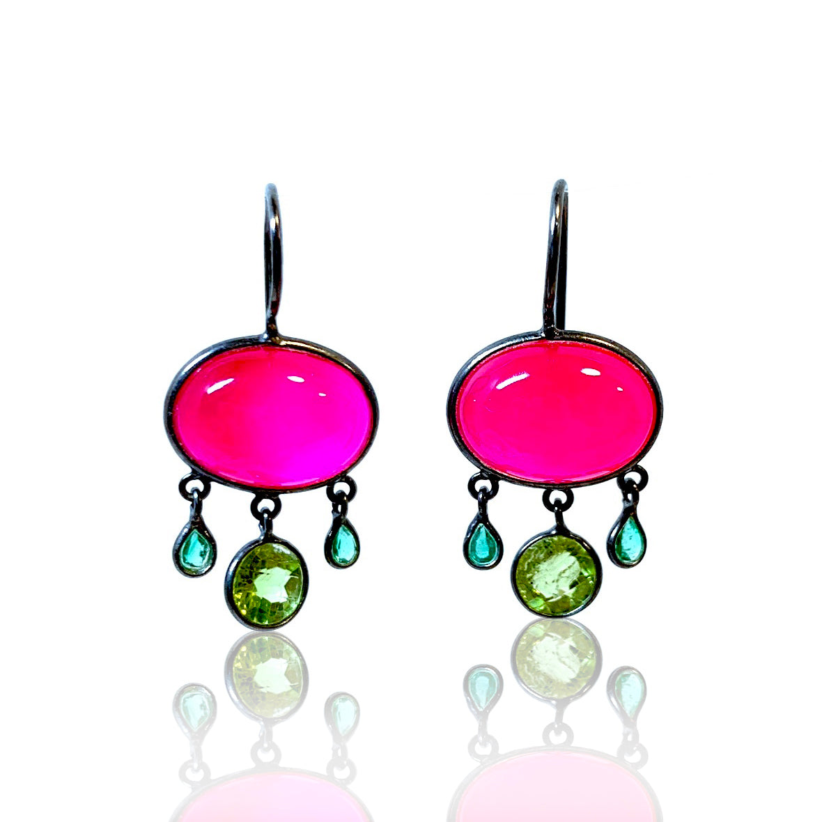 Pink Chalcedony with Emerald and Peridot Dangles